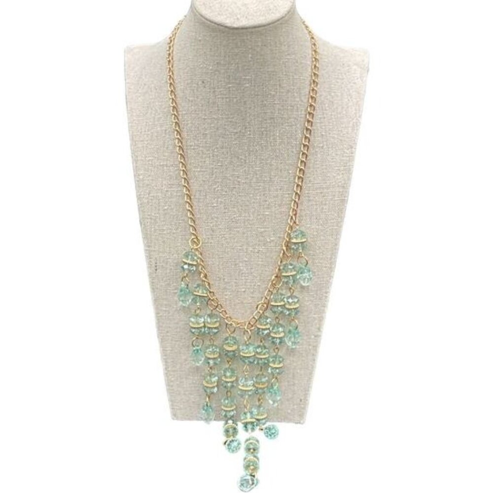 Gold Chain Aqua Beaded Waterfall Statement Necklace With Lobster Clasp For Women